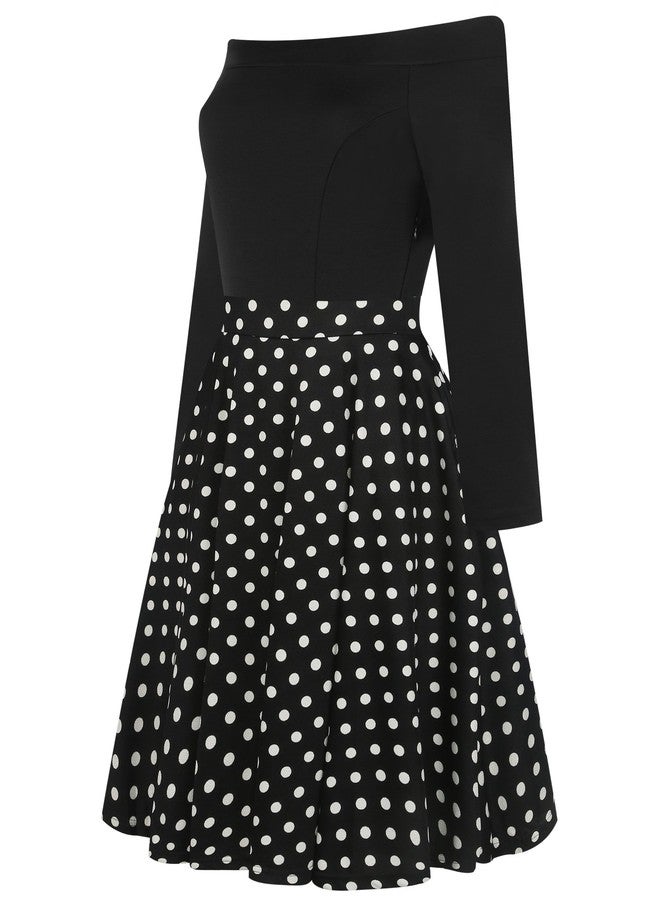 oxiuly Women's Vintage Polka Dot Slash Neck Long Sleeve Casual Pockets Swing Dress OX232 (XL, Black dot 9) - Image 4